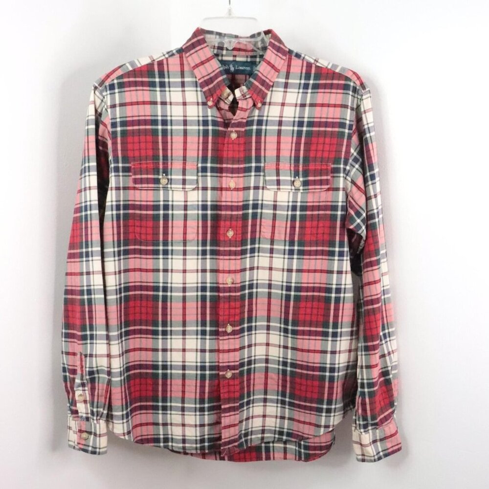 Ralph Lauren Men's L Red Multicolor Plaid Button-Down Cotton Long Sleeve Shirt